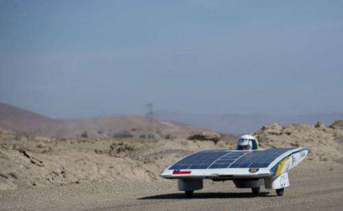 The driver of the Chilean team Das-Udec competes in the first stage of the Atacama Solar Challenge