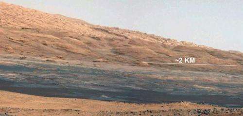 The landing site of NASA's Curiosity rover toward the lower reaches of Mount Sharp