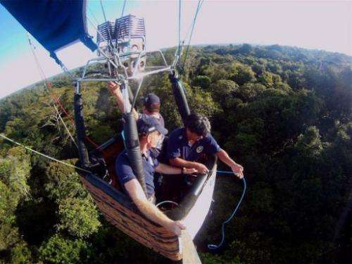 The "Rios Voadores" air balloon flys over the Amazon Forest