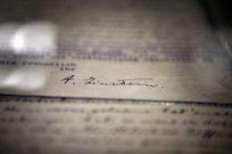 The signature of Albert Einstein is seen on a letter in Jerusalem