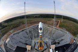 The Soyuz VS01 rocket sits on the launch pad at the Arianespace spaceport in French Guiana