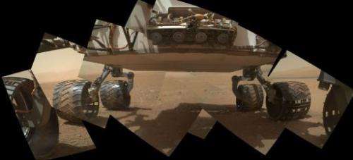 This is a view of the lower front and underbelly areas of NASA's Mars rover Curiosity