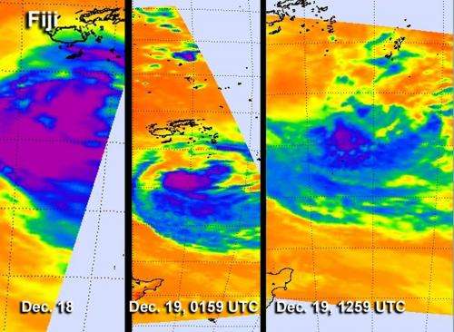 Time series of infrared NASA images show Cyclone Evan's decline