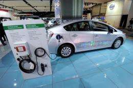 Toyota Prius plug-in hybrid car is shown on display at the 2012 Detroit Auto Show