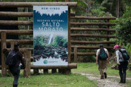 Trekkers arrive at Salto Morato Nature Reserve, in Guaraquecaba, in the southern state of Parana, Brazil