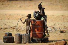 Two Himba boys pour water into a tank in 2010 in the village of Okapare, near Opuwo in northern Namibia