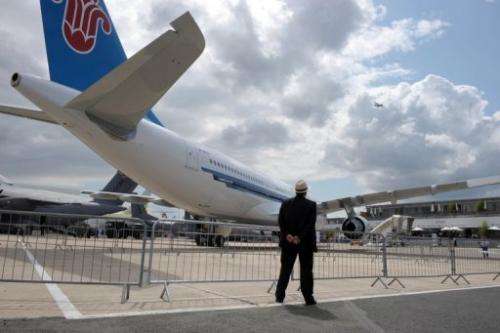 A China Southern Airbus plane is seen during the Paris International Air Show at Le Bourget airport, on June 23, 2011