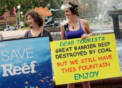 Activists protest in central Sydney over the destruction of the Great Barrier Reef, on February 1, 2013