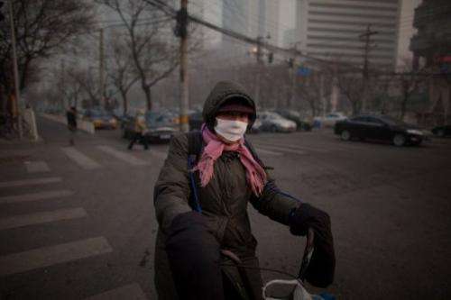 A cyclist wearing a mask crosses a road in severe pollution in Beijing on January 12, 2013