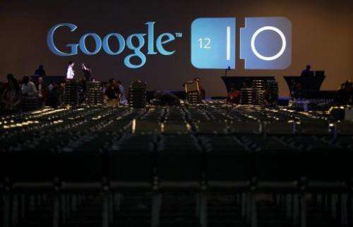 A Google logo is seen on a monitor at the company's annual developer conference in San Francisco on June 28, 2012