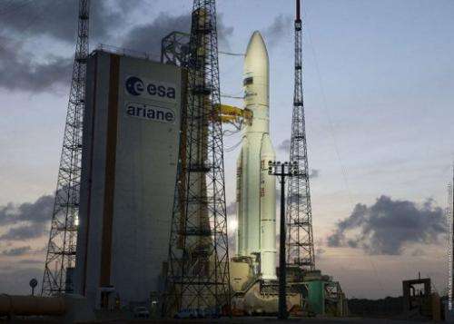 An Ariane 5 rocket carrying two satellites  on February 6, 2013 at the European space centre in French Guiana