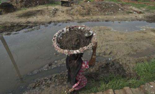 An Indian woman carries a basket of human excrement after cleaning toilets in Nekpur, Uttar Pradesh, on August 10, 2012