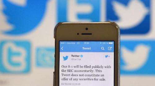 A Twitter tweet announcing the company's planned initial public offering (IPO) is pictured on a mobile telephone in Madrid on Oc