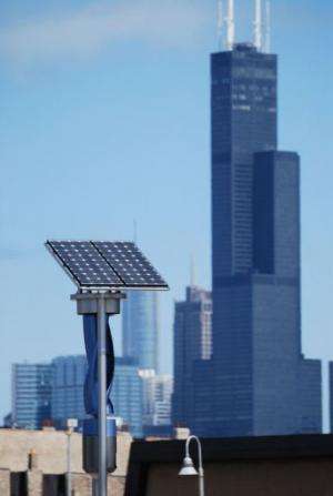 A wind and solar generating unit at the corner of Blue Island and Cermak in Chicago pictured on April 1, 2013