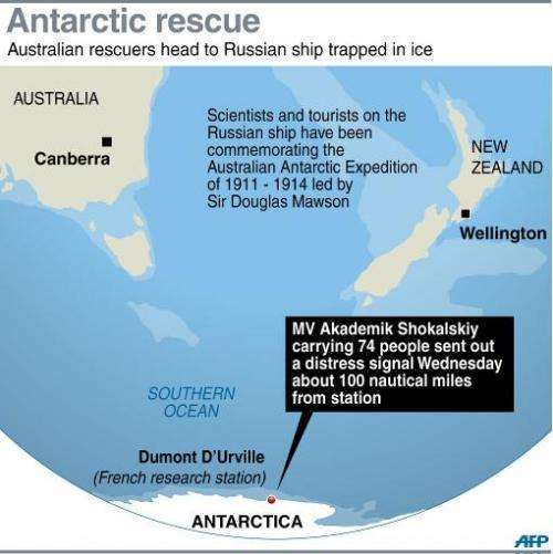 Map showing the area in the Antarctic where a Russian ship is trapped in ice