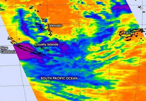 NASA sees a struggling post-Tropical Storm Freda affecting New Caledonia