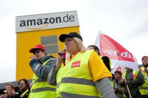 Striking Amazon workers near the company's logistics centre in Bad Hersfeld, Germany, on May 14, 2013