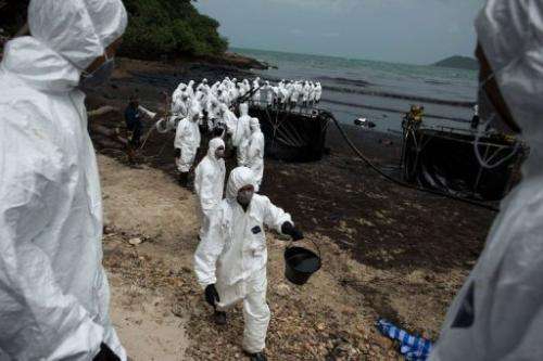 Thai Royal Navy personnel work to clean up oil from Ao Phrao beach on the island of Ko Samet on July 30, 2013