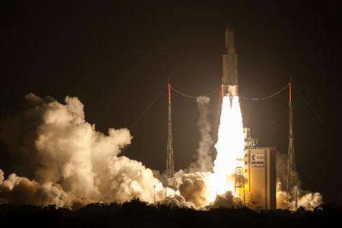 The Ariane 5 blasts off from the French Guyana European Spaceport of Kourou on June 5, 2013