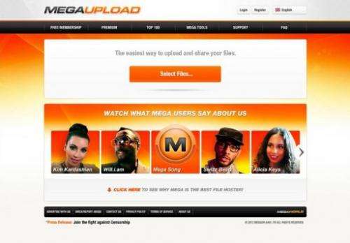 The home page of Megaupload.com is shown January 20, 2012