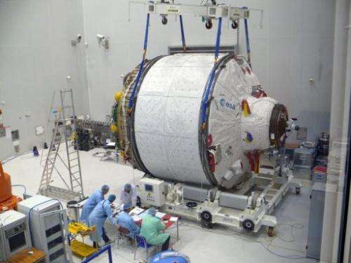 The ICC portion of ATV Albert Einstein being weighed at Kourou space center, French Guiana, January 16, 2013