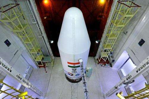 The PSLV-C25 rocket carrying the Mars Orbiter Spacecraft on the launch pad at Sriharikota on October 22, 2013