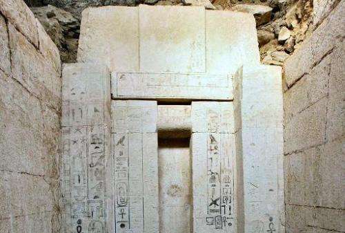 A picture taken on October 22, 2013 shows Egyptian hieroglyphics on a 4,000 year old tomb which was discovered by archaeologists