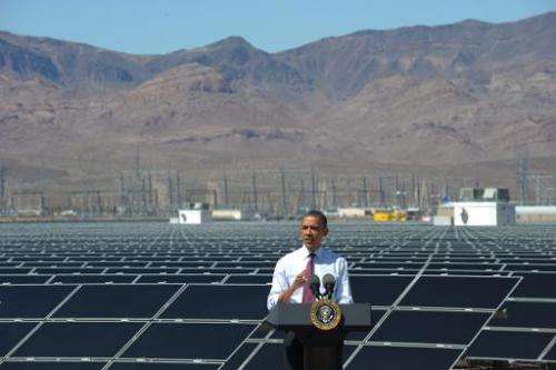 US President Barack Obama speaks on his energy policies following a tour of the Copper Mountain Solar Project in Boulder City, N