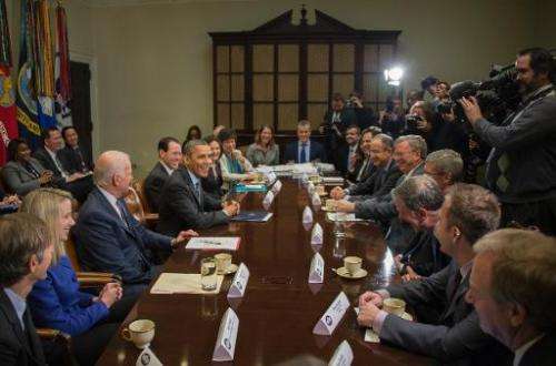 US President Barack Obama (4thL) and Vice President Joe Biden (3rd L) meet with executives from leading tech companies at the Wh