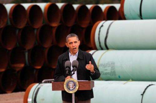 US President Barack Obama speaks at the southern site of the Keystone XL pipeline on March 22, 2012 in Cushing, Oklahoma