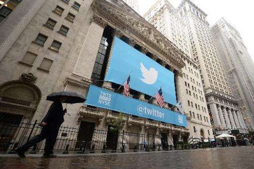 A banner with the logo of Twitter is set on the front of the New York Stock Exchange (NYSE) on November 7, 2013 in New York
