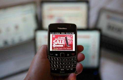 An advertisement for a sale is displayed on a BlackBerry on November 29, 2010 in San Anselmo, California