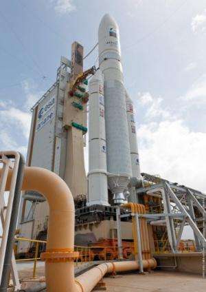 An Ariane 5 rocket sits on the launch pad at the European space centre of Kourou, French Guiana, on on February 6, 2013