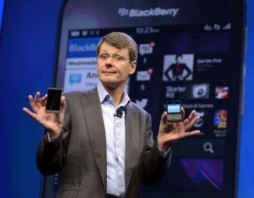 BlackBerry CEO and President Thorsten Heins unveils the BlackBerry 10 mobile platform in New York on January 30, 2013.