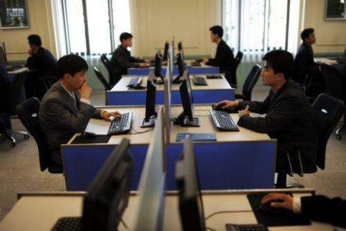 North Korean students work on their computers at Kim Il-Sung University in Pyongyang on April 11, 2012
