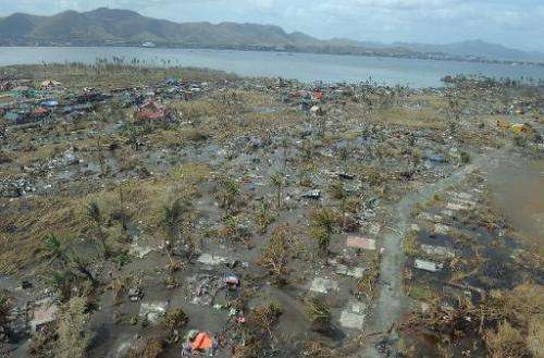 This aerial photo shows a devastated area in the city of Tacloban, Leyte province, in the central Philippines on November 11, 20