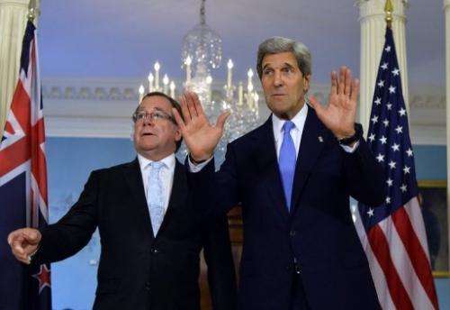 US Secretary of State John Kerry (R) and New Zealand Foreign Minister Murray McCully in Washington, DC on May 20, 2013