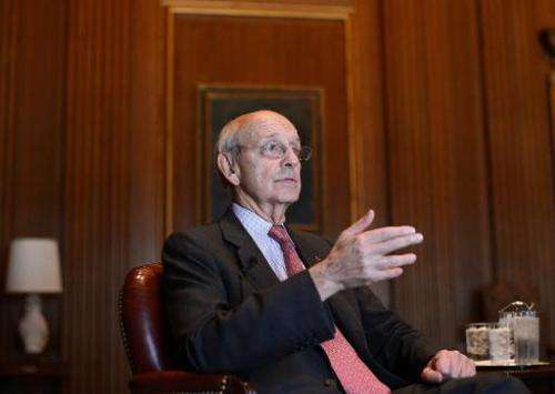 US Supreme Court Justice Stephen Breyer answers a question during an interview at the Supreme Court in Washington, DC, on May 17