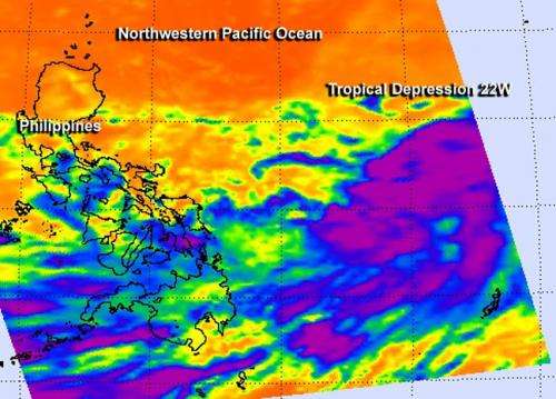 NASA sees tropical depression 22w taking a northern route in northwestern Pacific
