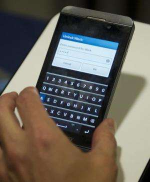 A Blackberry Z10 smartphone in Washington DC on April 16, 2013