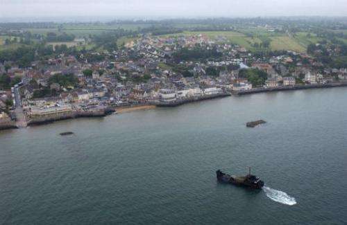 An aerial view of the port of Arromanches-les-Bains, northern France taken on June 4, 2004