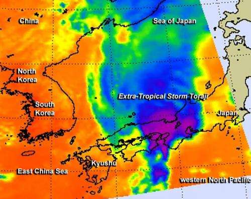 Infrared NASA image sees Extra-Tropical Toraji over Japan