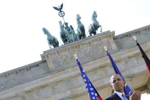 US President Barack Obama speaks at the Brandenburg Gate on June 19, 2013 in Berlin