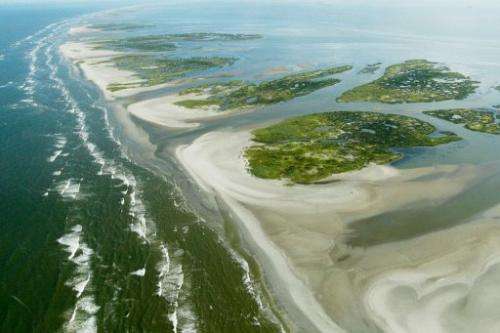 An aerial view of the Chandeleur islands on June 23, 2010 in the Gulf of Mexico along the coast of Louisiana