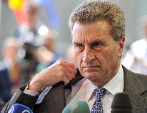 EU commissioner for Energy Gunther Oettinger talks to the press on April 22, 2013 at the Kirchberg conference center in Luxembou
