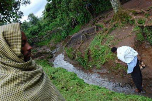 Members of the Ethiopian Orthodox church walk in the source of the Blue Nile in northern Ethiopia on August 17, 2010