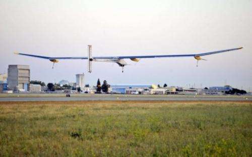 The Solar Impulse takes off from Moffett Field NASA Ames Research Center in Mountain View, California on May 3, 2013