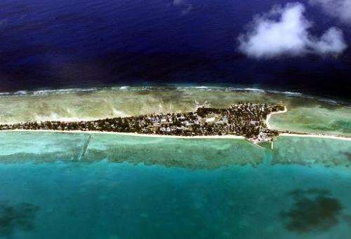 This file photo shows Tarawa atoll, capital of the vast archipelago nation of Kiribati, pictured on September 11, 2001