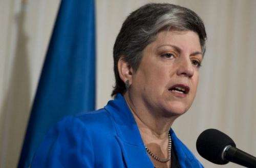 US Secretary of Homeland Security Janet Napolitano gives her farewell speech in Washington, DC on August 27, 2013