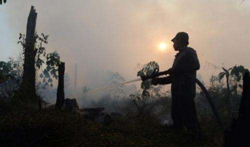 An Indonesian worker extinguishes a forest fire in Riau province, on June 29, 2013